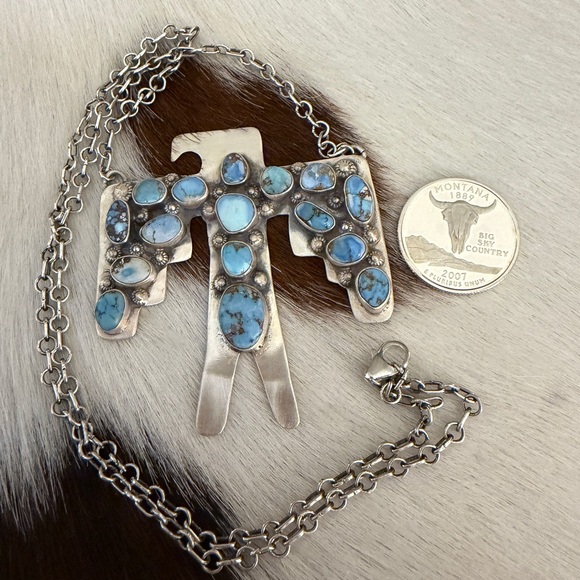 ❤️ Golden Hills Turquoise Thunderbird ADJ Statement Necklace 22.5” Unisex 33Gram - Picture 8 of 17